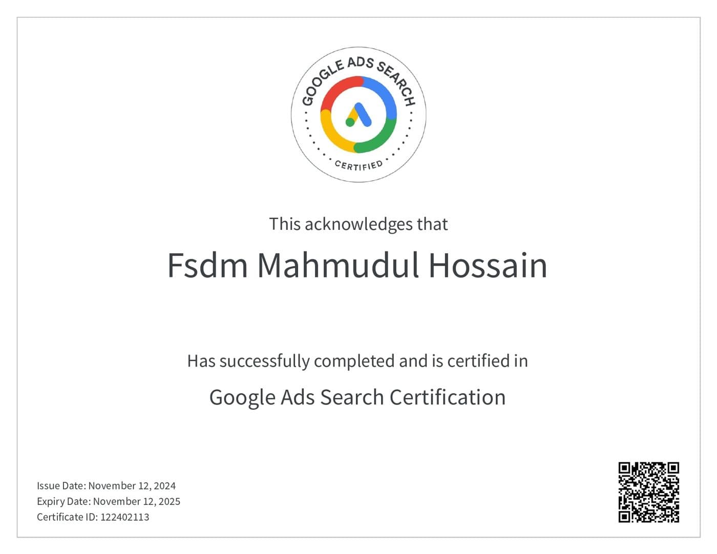 Google Ads Search certificate — Google