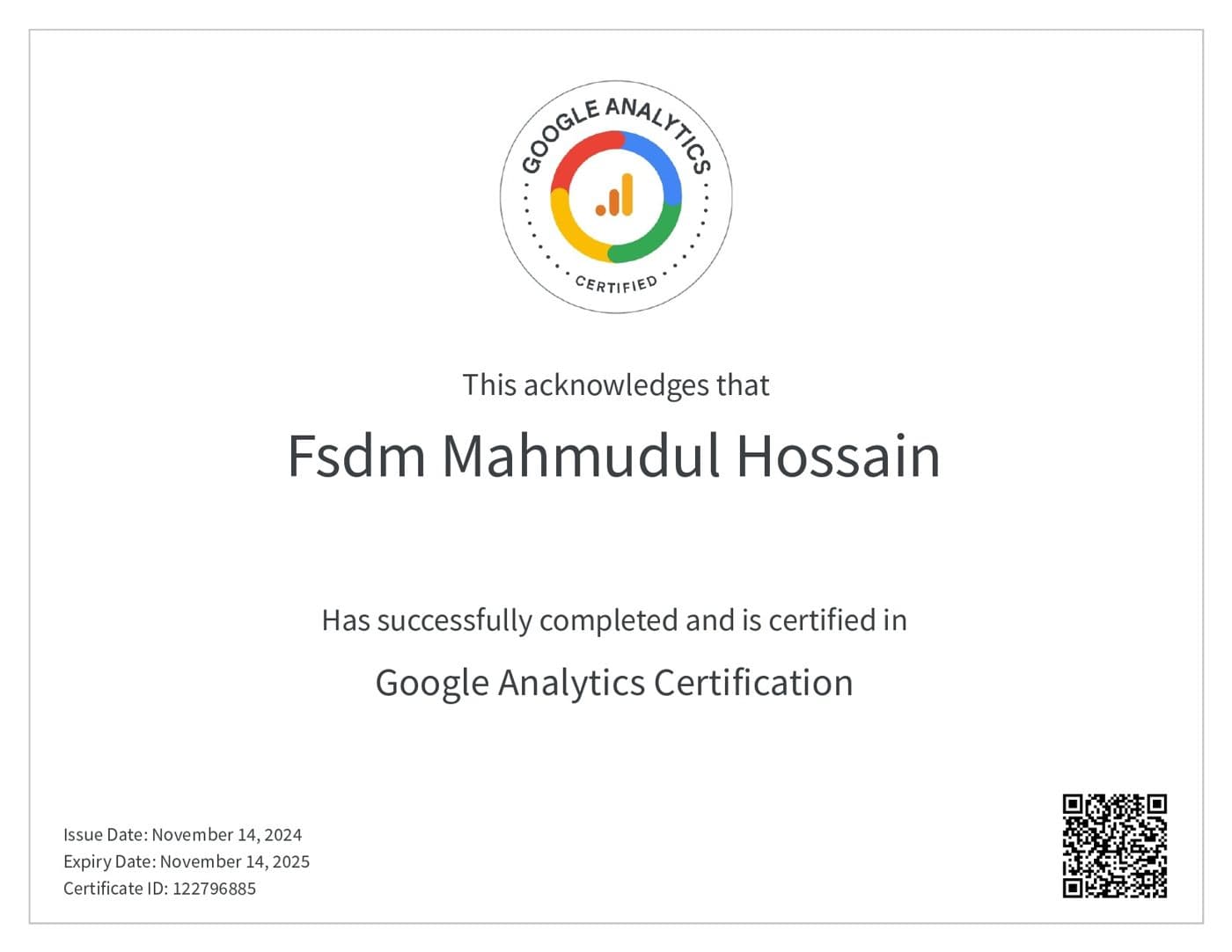 Google Analytics certificate — Google