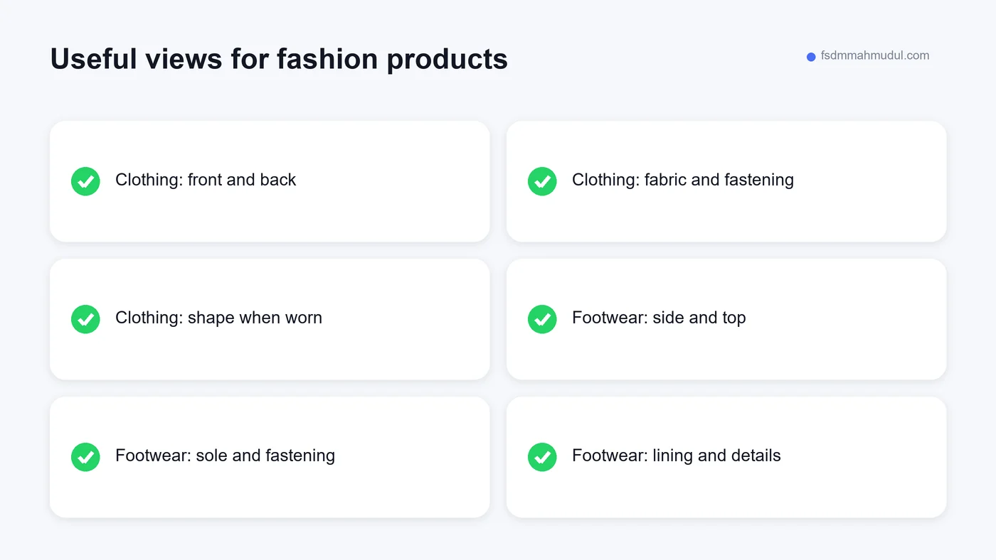 A photography checklist showing useful views for garments and footwear
